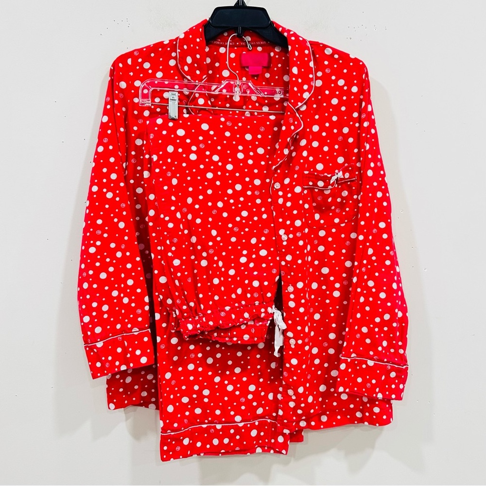 Victoria's Secret Pajama Set Womens M Long Red Polka Dot‎ Button Sleepwear